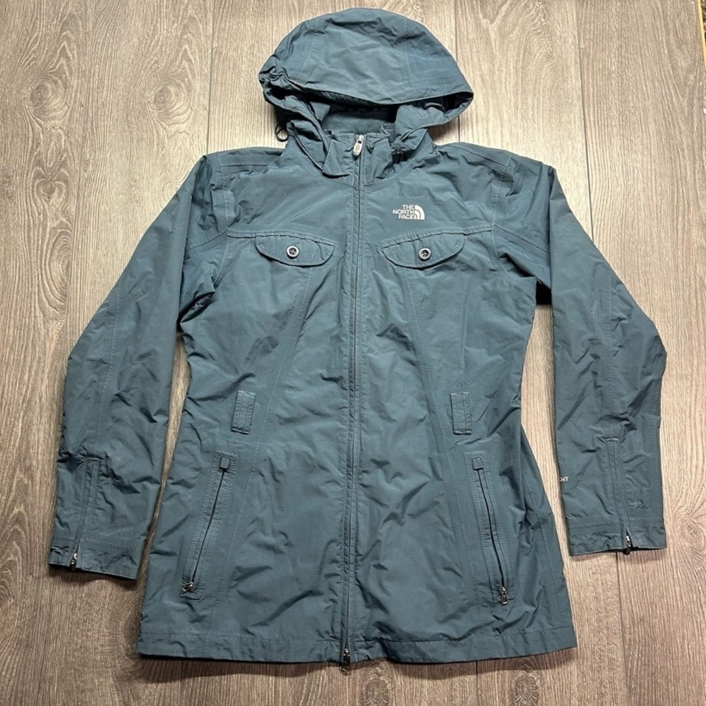 The North Face HyVent Rain Jacket Womens Large Blue Gray Hooded Full Zip Parka